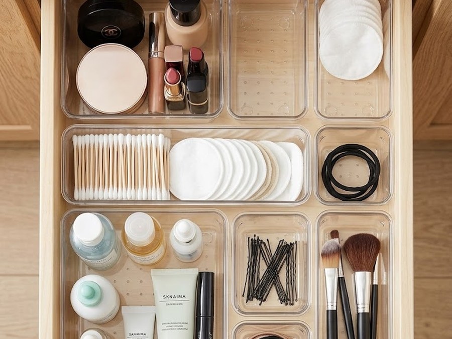 Clear plastic drawer organizer trays in assorted sizes