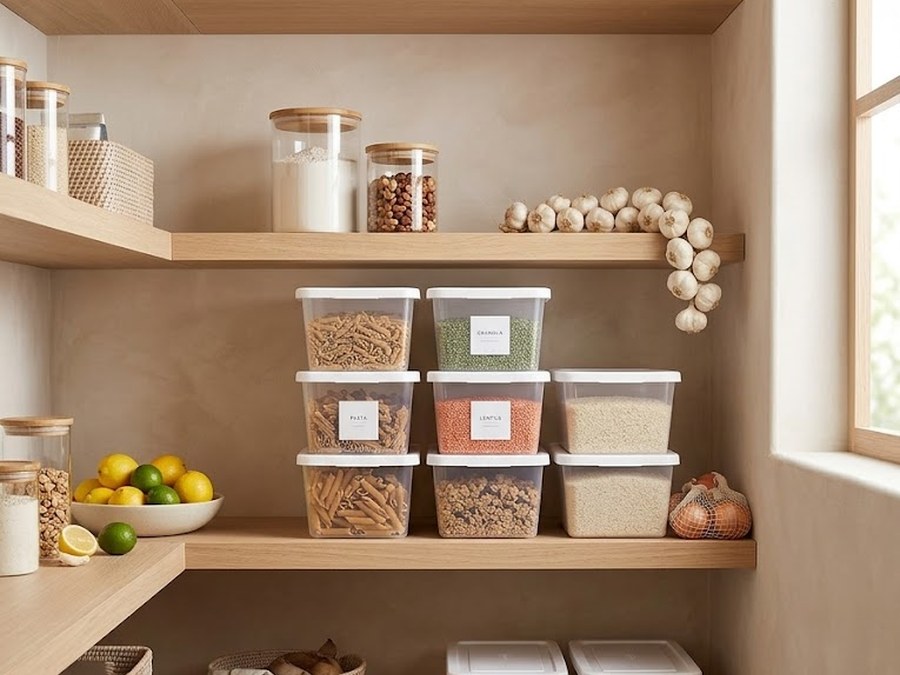Stackable clear storage boxes for a pantry shelf