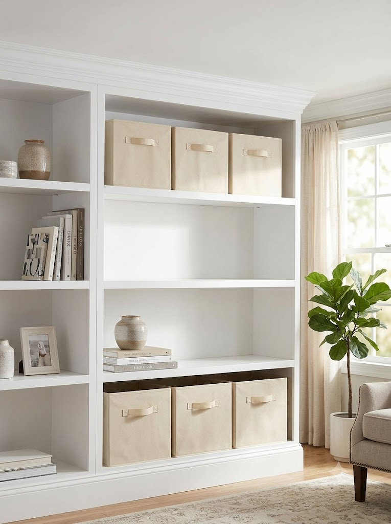 Beige fabric storage cubes on a white built-in shelving unit